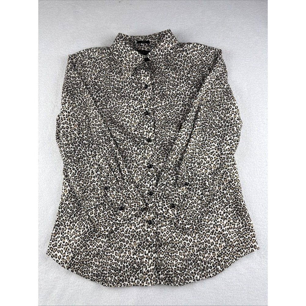 Talbots Stretch 3/4 Length Leopard Print Blouse Button Up Women's Size 6 Animal